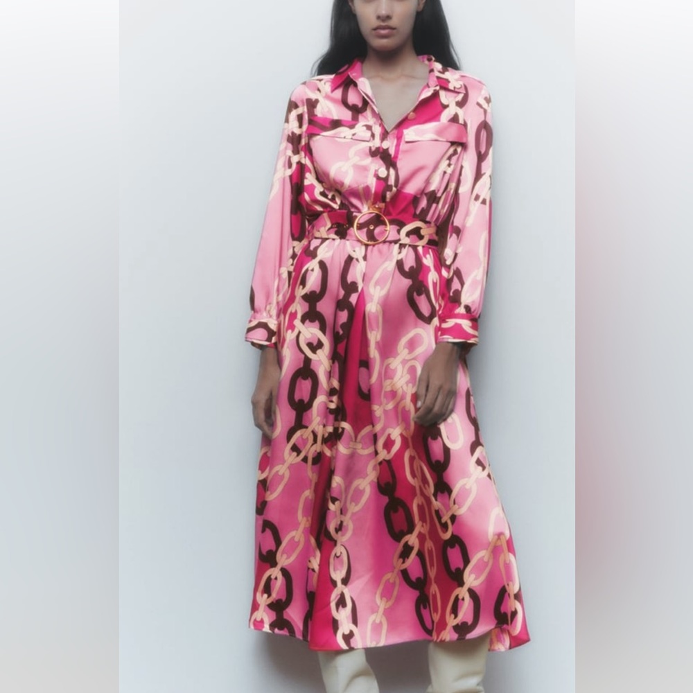 Zara pink china printed dress with belt